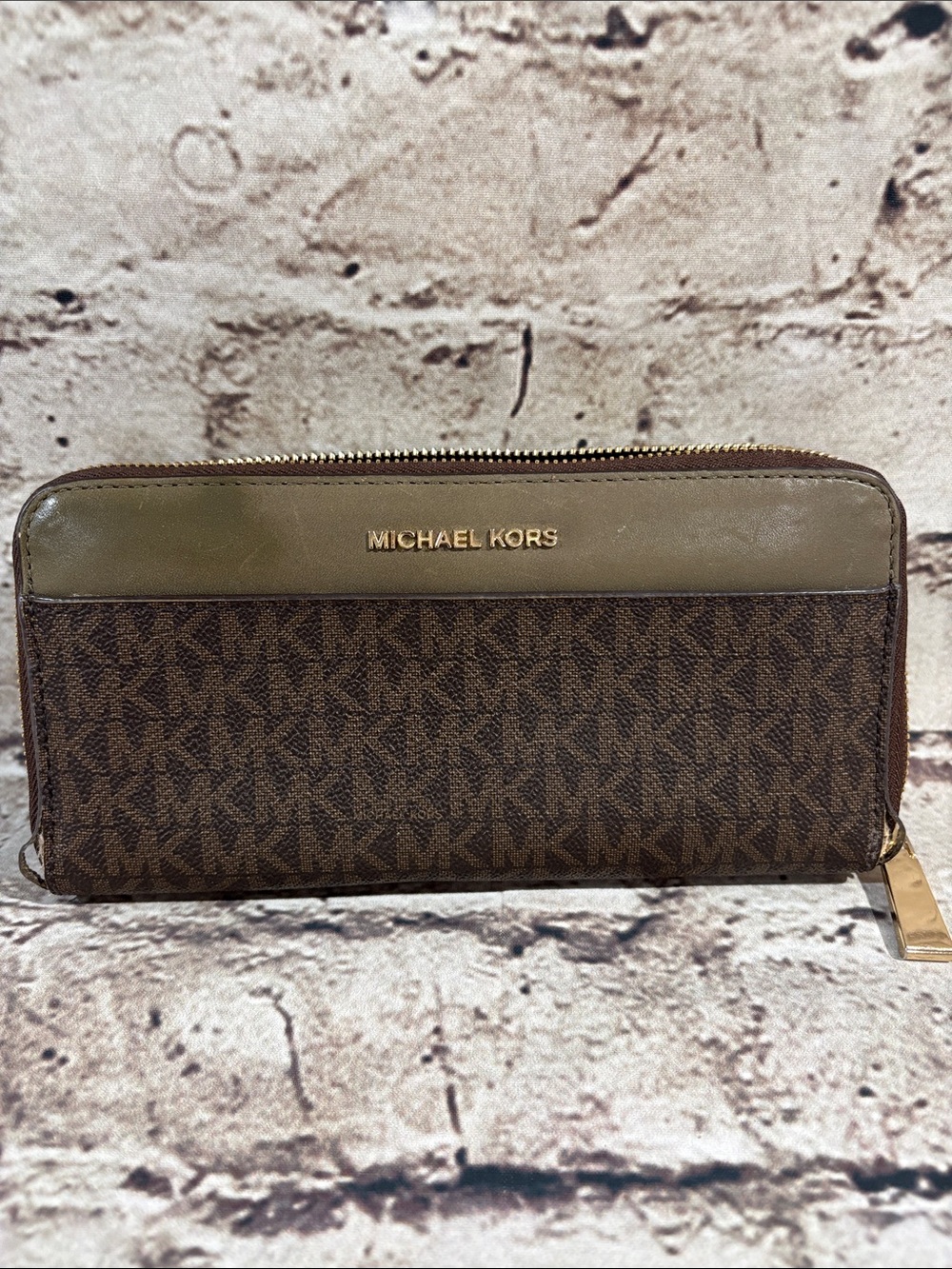 Michael Kors Olive Green/ Brown Mercer Large Continental Zip Wallet MK Monogram